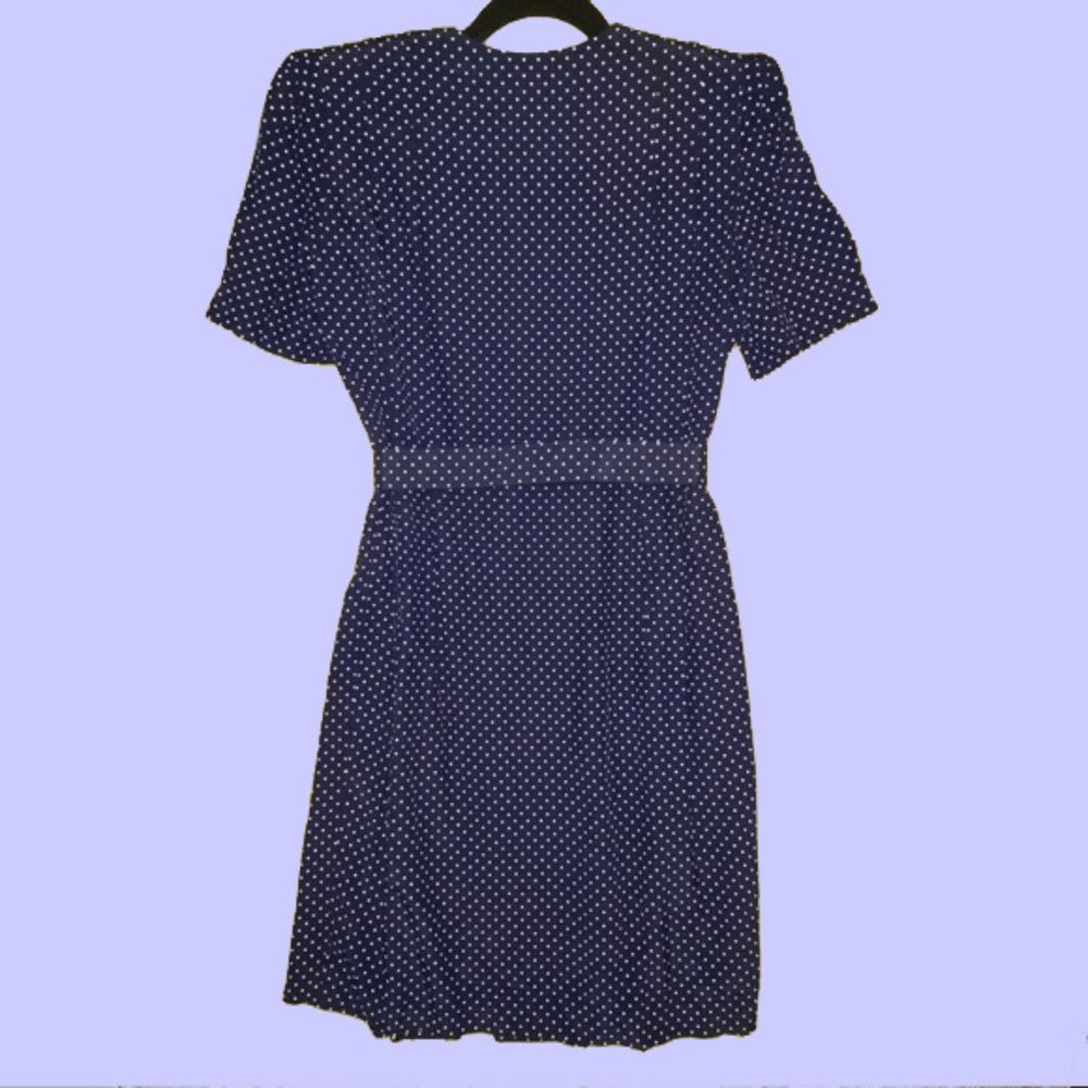 1980s Rayon Belted Dress Shoulder Pads Button front polka dots - Picture 3 of 5